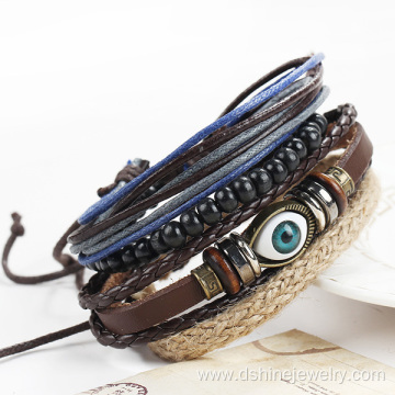 Multi Layers Wooden Bead Bracelet Eye Charm Leather Bangle